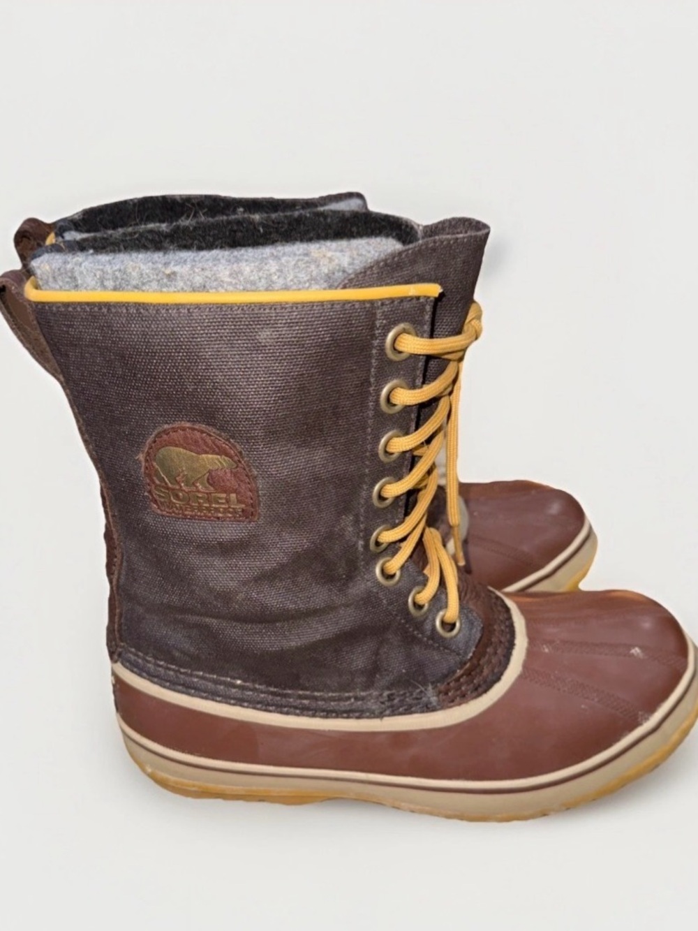 Sorel Brown Canvas and Rubber Lace-Up Winter Boots with Yellow Accents